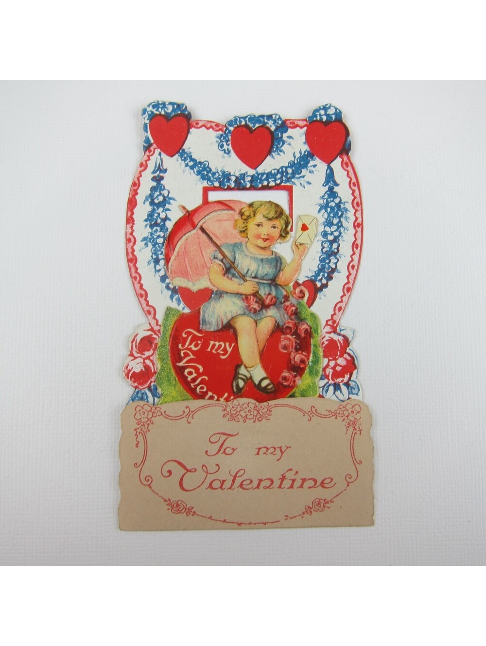 Vintage Valentine 3D Pop Up Die Cut Blonde Girl Blue Dress Red Umbrella & Hearts